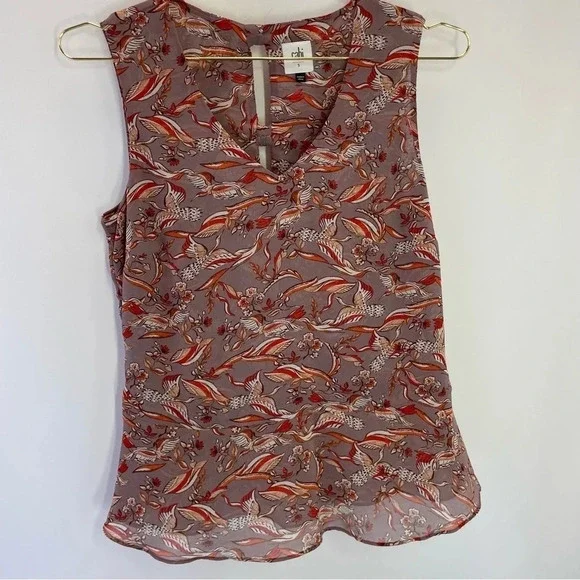 CAbi Peplum Novelty Good Luck Crane Print Sleeveless Top - Picture 2 of 7
